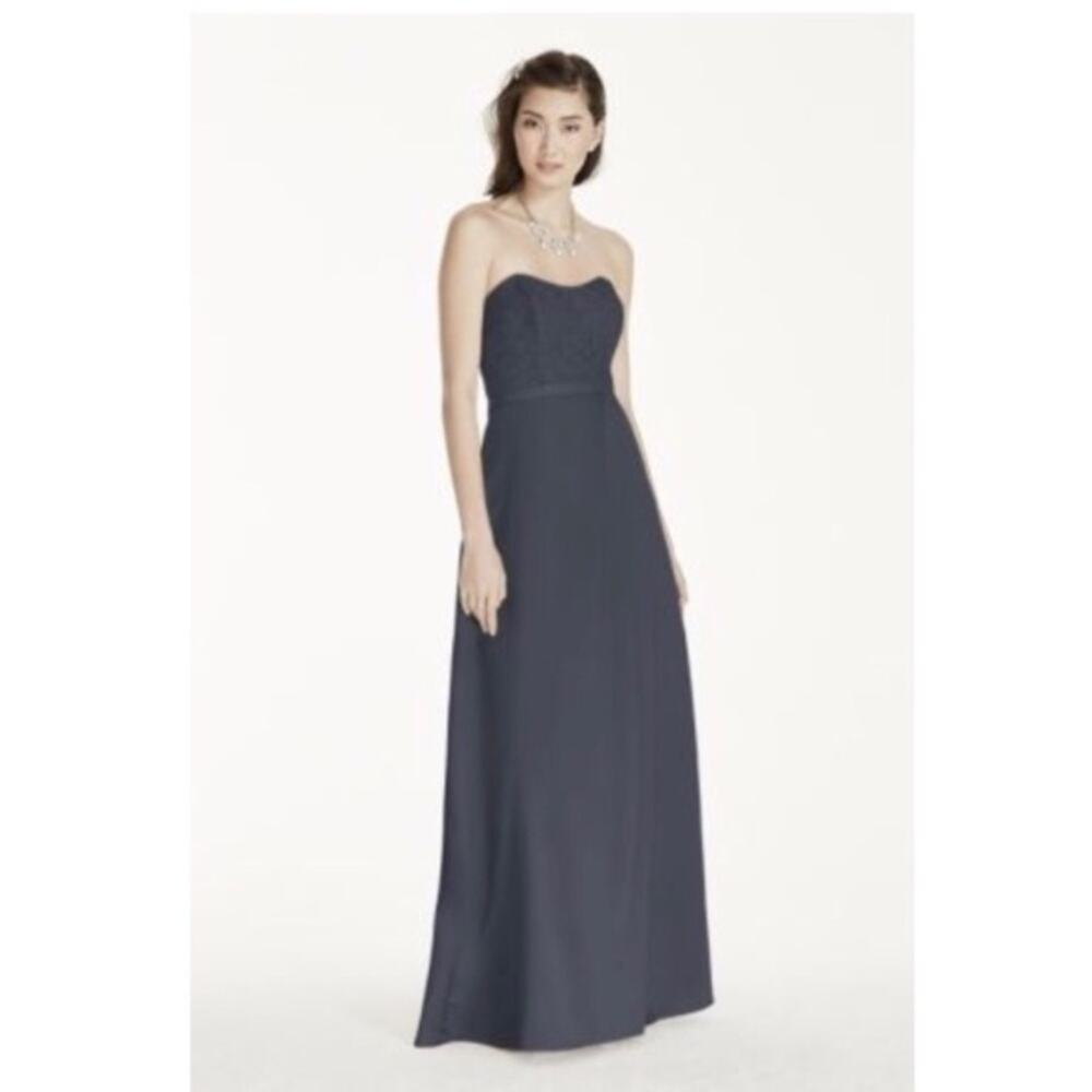 David's Bridal Black Strapless Lace Satin Gown